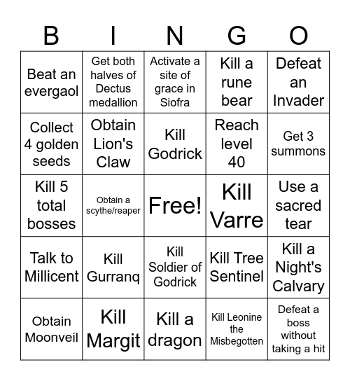 Elden Ring Bingo Lockout Bingo Card