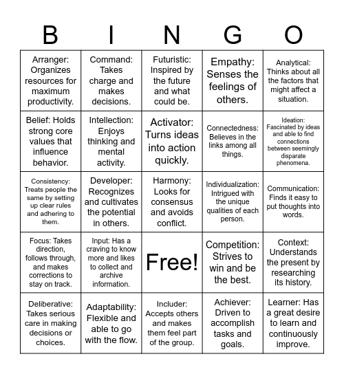 STRENGTHS Bingo Card