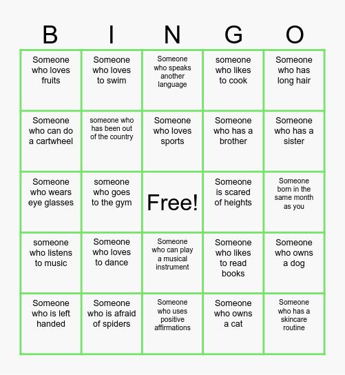 Getting to Know You Bingo Card