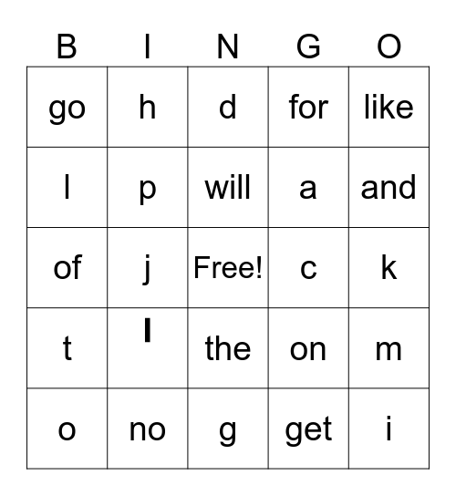 Letters and Red words Bingo Card