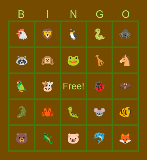 Animal Emoji Bingo Card