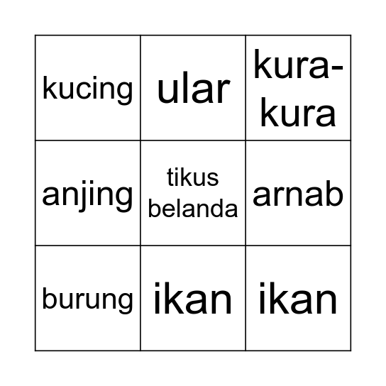 Haiwan Kesayangan Bingo Card