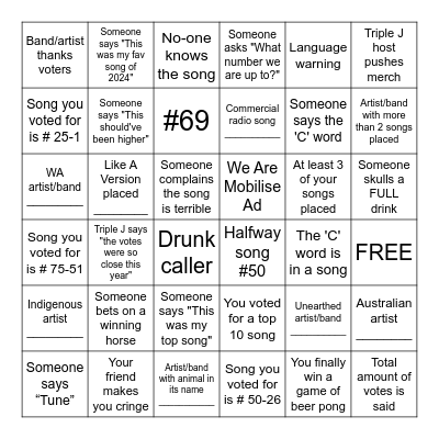 Triple J Hottest 100 2024 Bingo Card