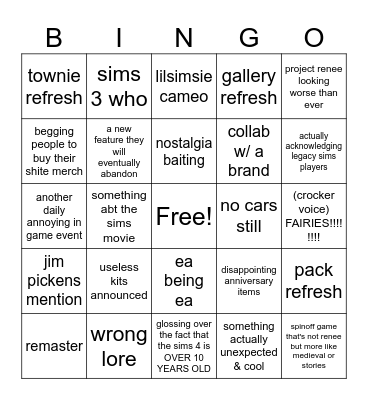 sims 25th stream Bingo Card