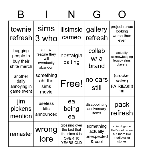 sims 25th stream Bingo Card