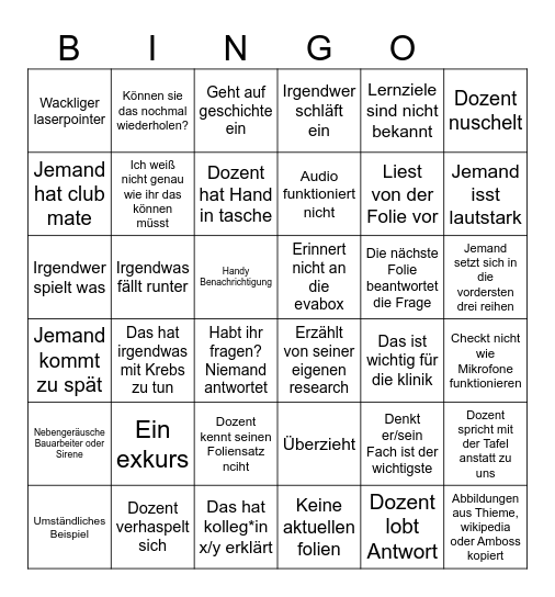 Vorlesungs bingo Card