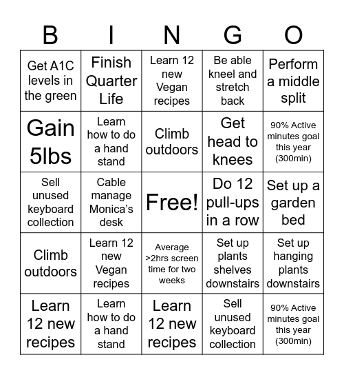 2025 Resolutions Bingo Card