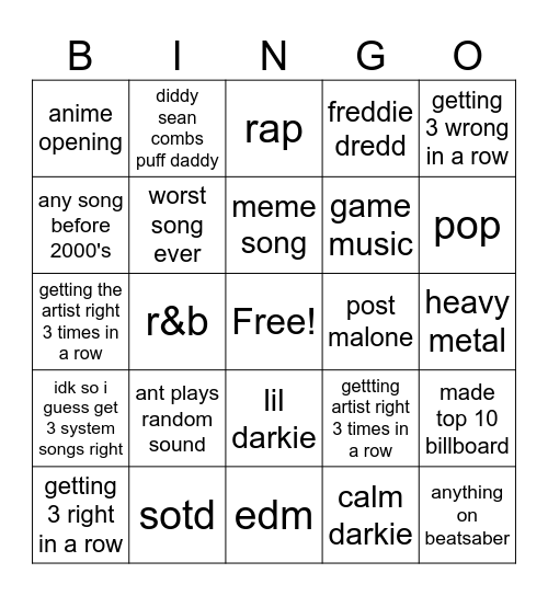 music bingo Card