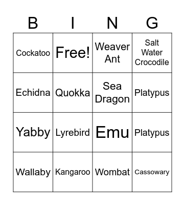 Outback Animals Bingo Card