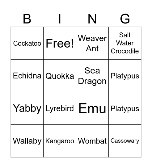 Outback Animals Bingo Card