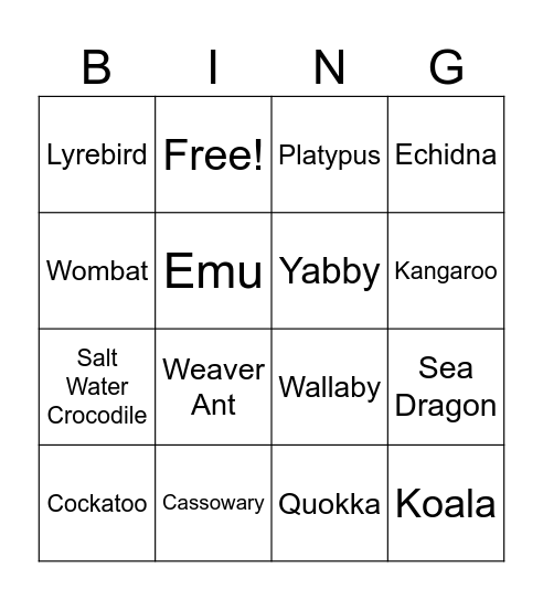 Outback Animals Bingo Card