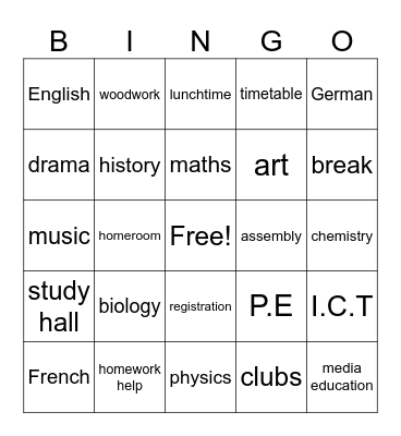 school subjects Bingo Card