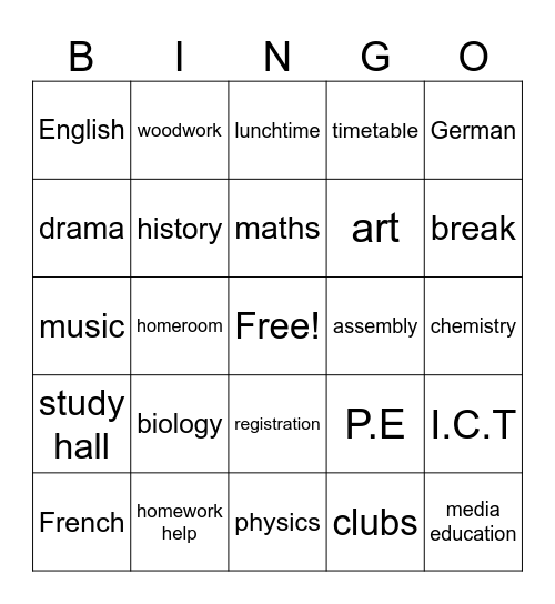 school subjects Bingo Card