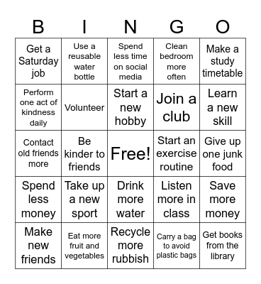 New Year Resolutions Bingo Card
