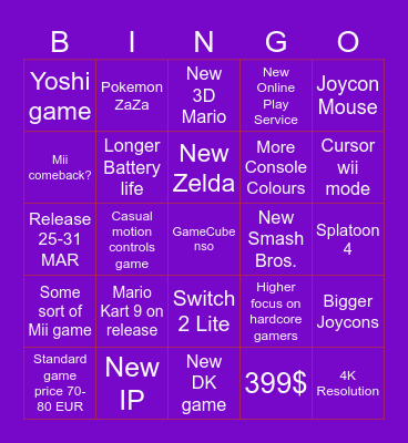 Switch 2 Bingo Card