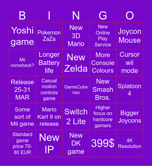 Switch 2 Bingo Card