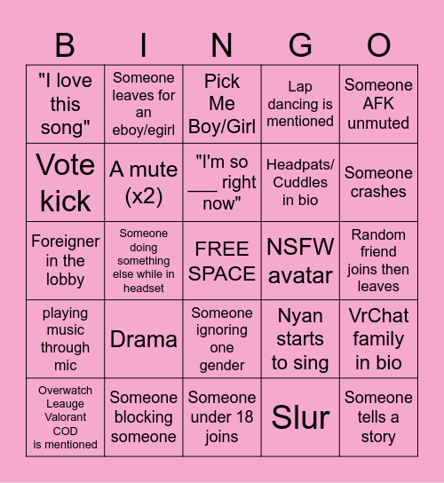 VRC Bing Bingo Card