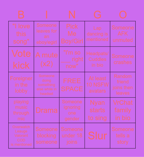 VRC Bingo Card