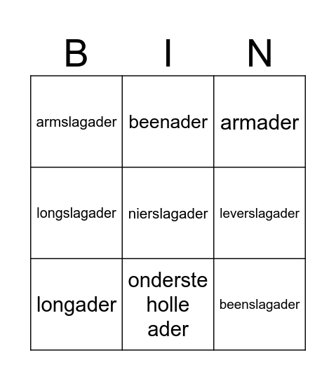 Bloedvaten bingo Card