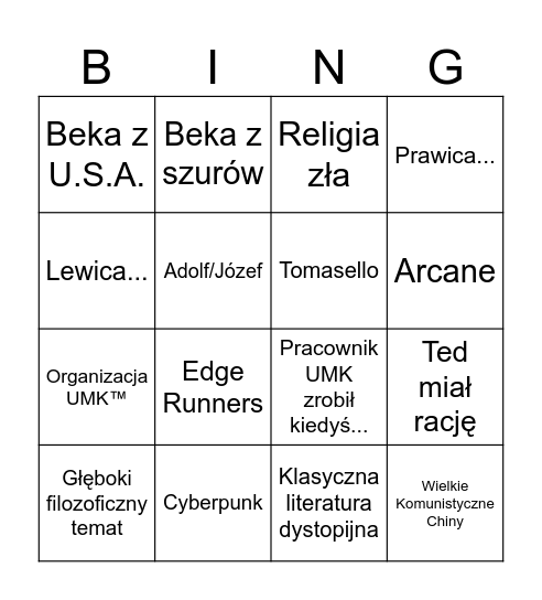 L Bingo Card
