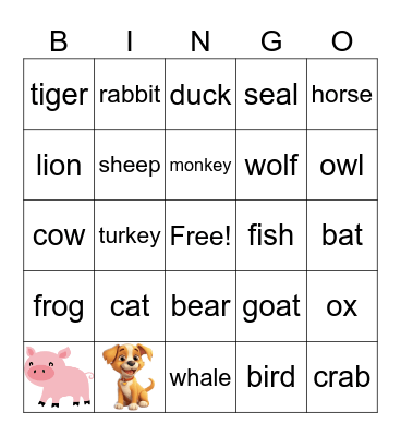 Animals Bingo Card
