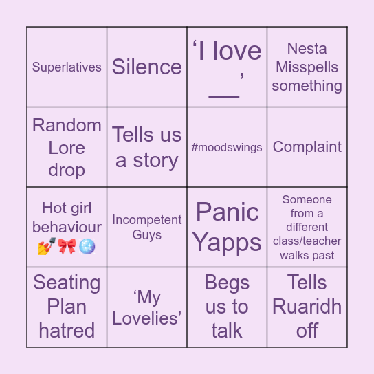 Home Economics Bingo Card