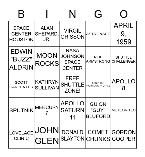 ASTRONAUT BINGO Card