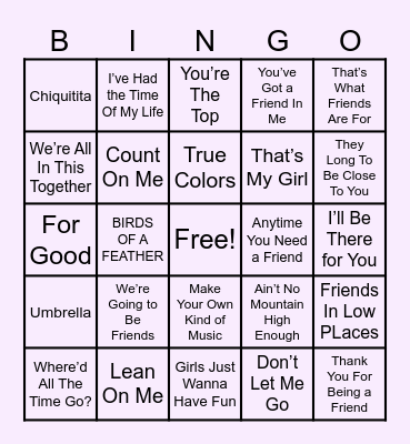 Friendship Musical Bingo Card