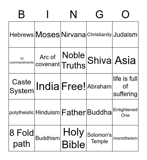 World Religion Bingo  Bingo Card