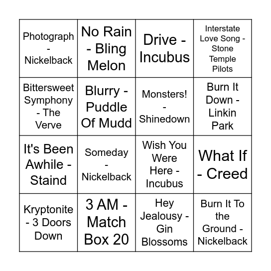 Divorced Dad Rock...                        A.K.A.  Nickelback Doesn't Suck Bingo Card