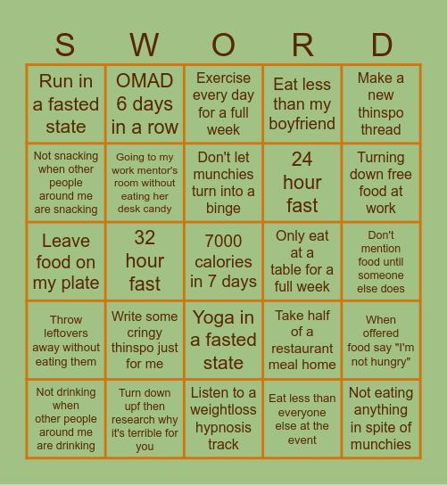 Sword's Restriction Bingo Card