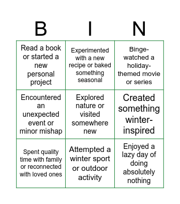 Winter Break Bingo Card
