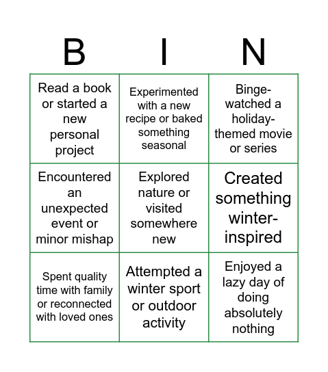 Winter Break Bingo Card