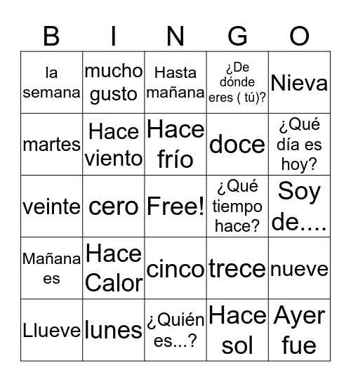 Spanish1AUnidadPreliminar Bingo Card