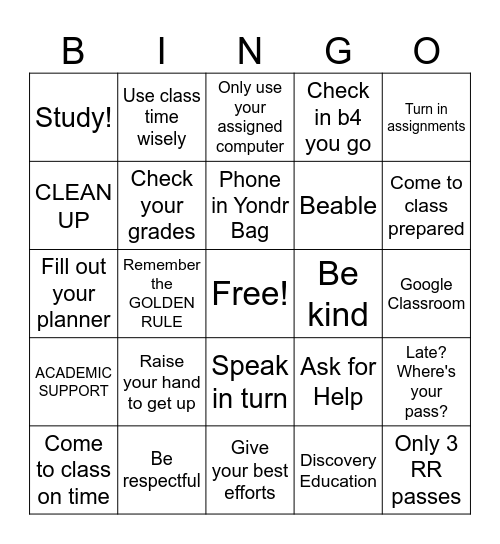 Class Expectations BINGO Card