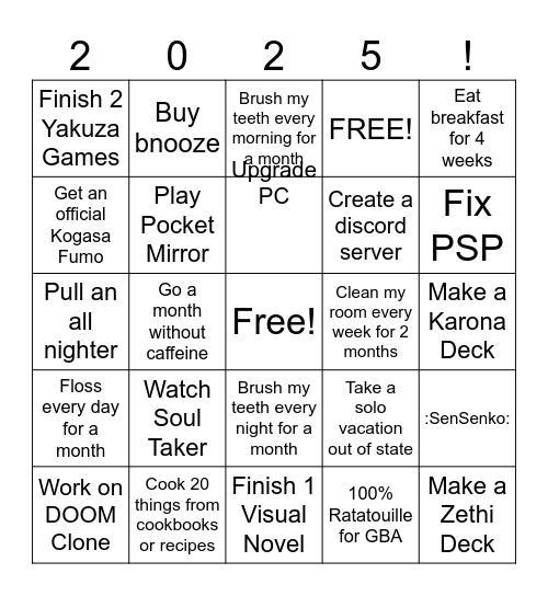 2025 Goals Bingo Card