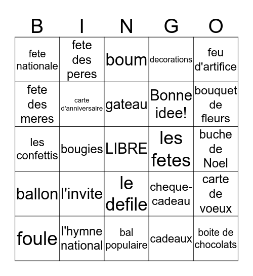 French 2 Ch. 2 Vocab 1 Bingo Card