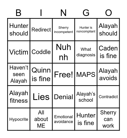 Narcissist Bingo Card