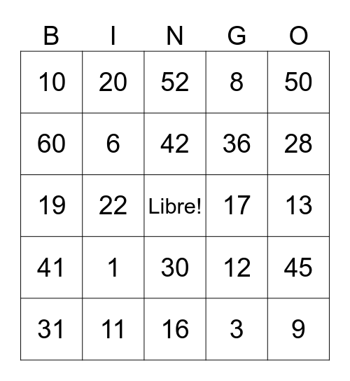 Numbers 0-60 Bingo Card