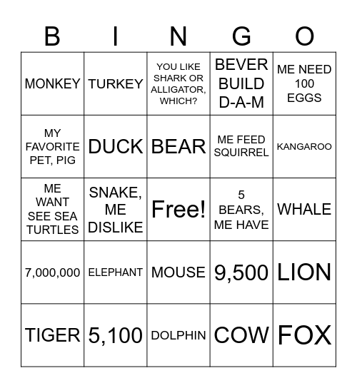 UNIT 4- NUMBERS, ANIMALS, AND GRAMMAR Bingo Card