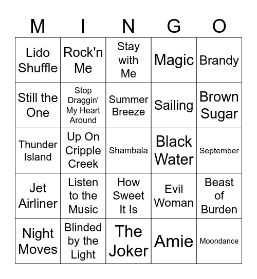 Yacht Rock Bingo Card