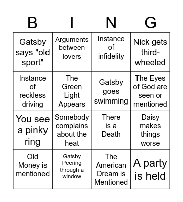 Great Gatsby Bingo Card