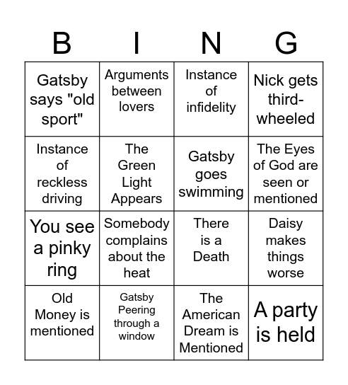 Great Gatsby Bingo Card