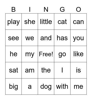 Kindergarten Vocabulary Bingo Card
