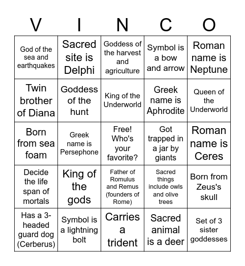 Mythology Museum Bingo Card