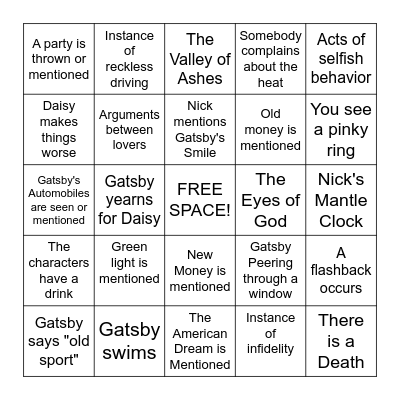 Great Gatsby Bingo Card