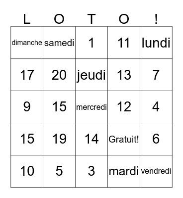 0-20/les jours de la semaine Bingo Card