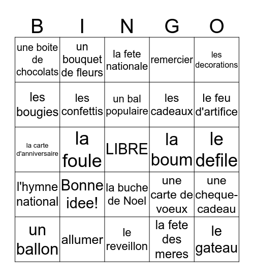 French 2 Chapter 2 Vocabulary 1 Bingo Card