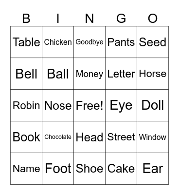 Vocabulary Words Bingo Card