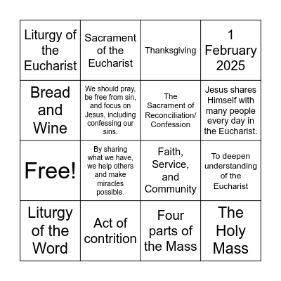 Recollection First Holy Communion Bingo Card